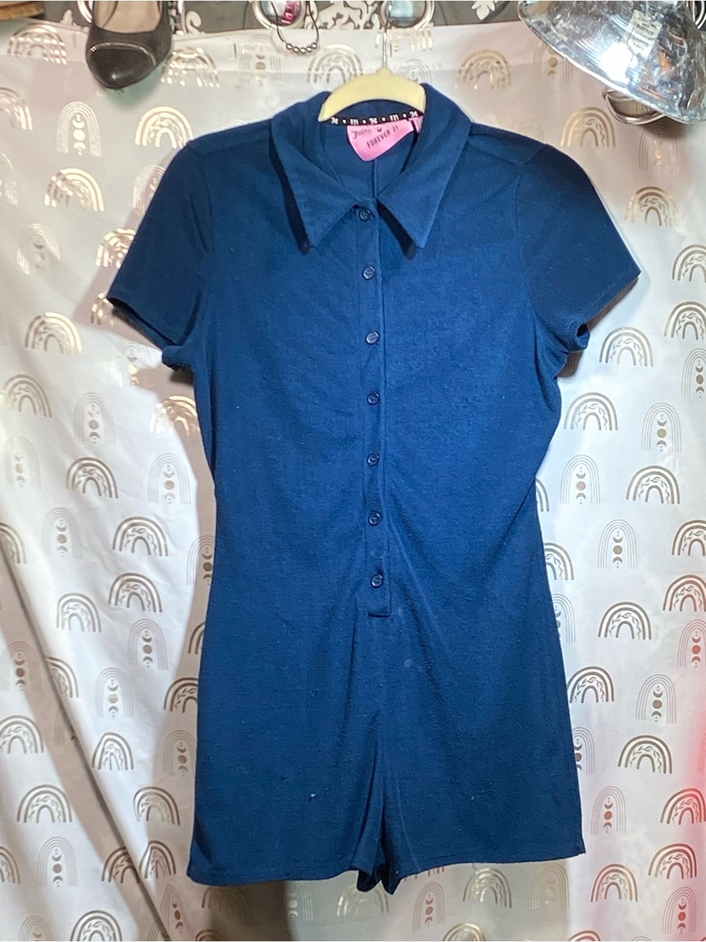 Forever 21 Navy Short-Sleeve Button Romper
